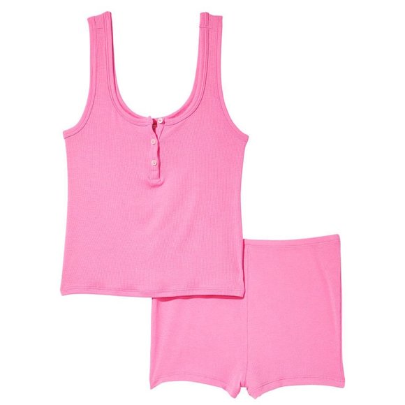 VS XL Ribbed Modal Henley Tank Short Set Pink Pajama PJs P.J.'s So Comfy! NWT - Picture 4 of 4